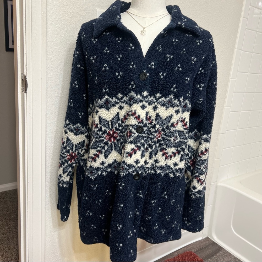 Navy blue white snowflakes Sherpa fleece sweater jacket vintage Nordic winter